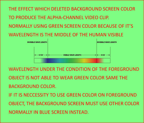 THE EFFECT WHICH DELETED BACKGROUND SCREEN COLOR TO PRODUCE THE ALPHA-CHANNEL VIDEO CLIP. NORMALLY USING GREEN SCREEN COLOR BECAUSE OF IT’S  WAVELENGTH IS THE MIDDLE OF THE HUMAN VISIBLE     WAVELENGTH UNDER THE CONDITION OF THE FOREGROUND OBJECT IS NOT ABLE TO WEAR GREEN COLOR SAME THE  BACKGROUND COLOR. IF IT IS NECCESSITY TO USE GREEN COLOR ON FOREGROUND  OBJECT, THE BACKGROUND SCREEN MUST USE OTHER COLOR NORMALLY IN BLUE SCREEN INSTEAD.